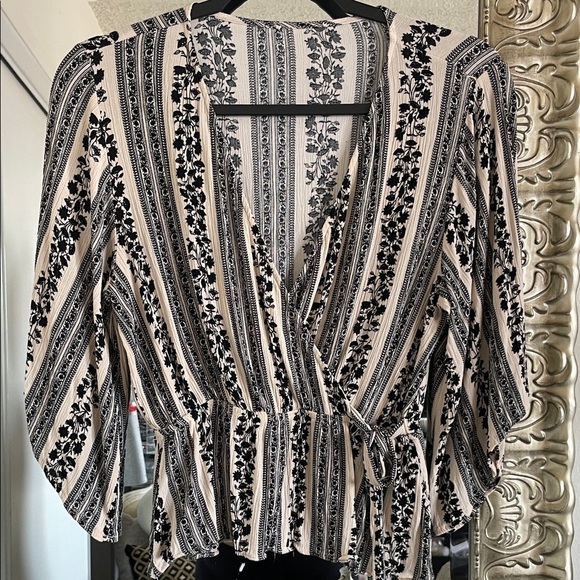 Floral Striped Wrap Top - Black and Cream - Picture 1 of 7